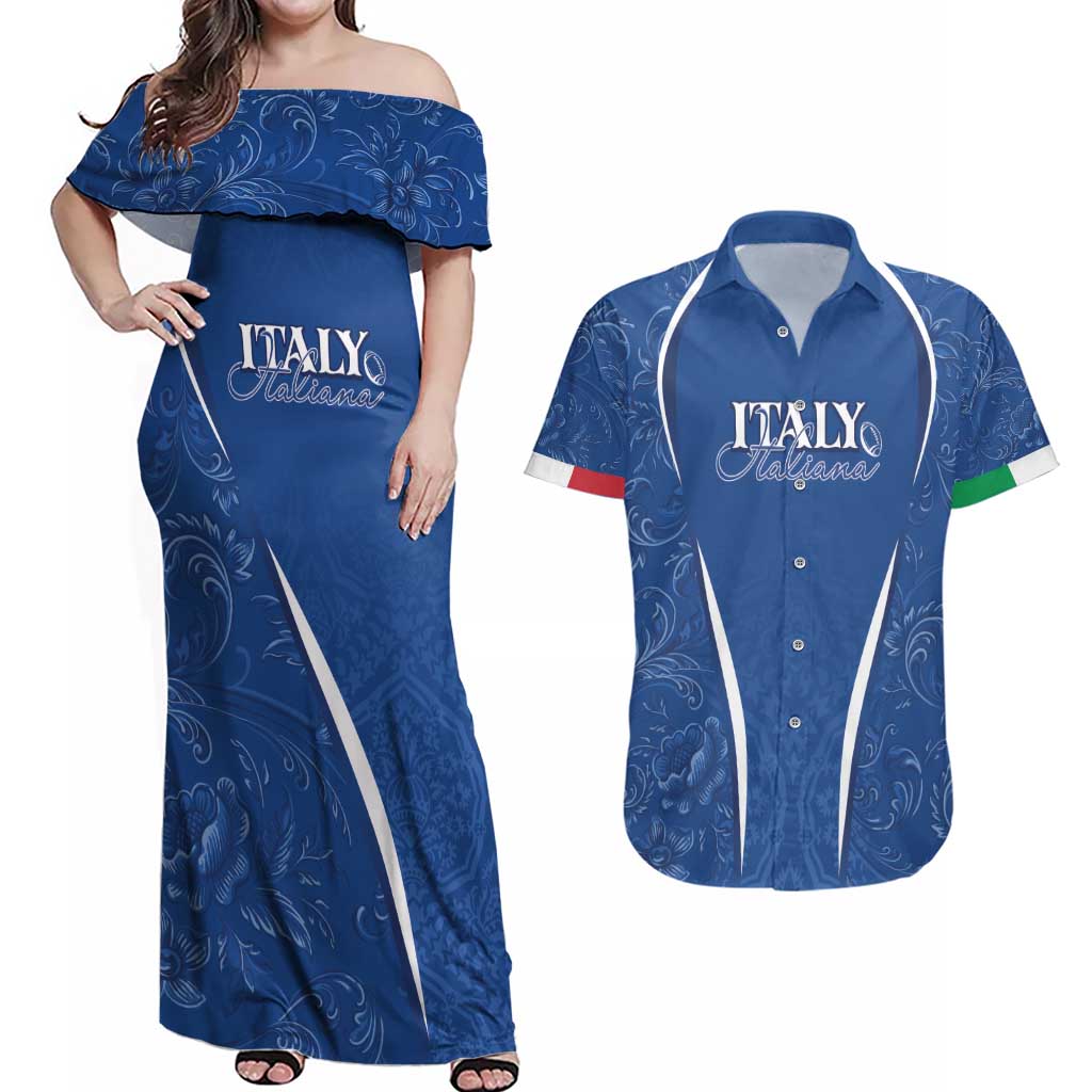 Italy Rugby Personalized Couples Matching Off Shoulder Maxi Dress and Hawaiian Shirt Azzurro Savoia - Renaissance Inspired