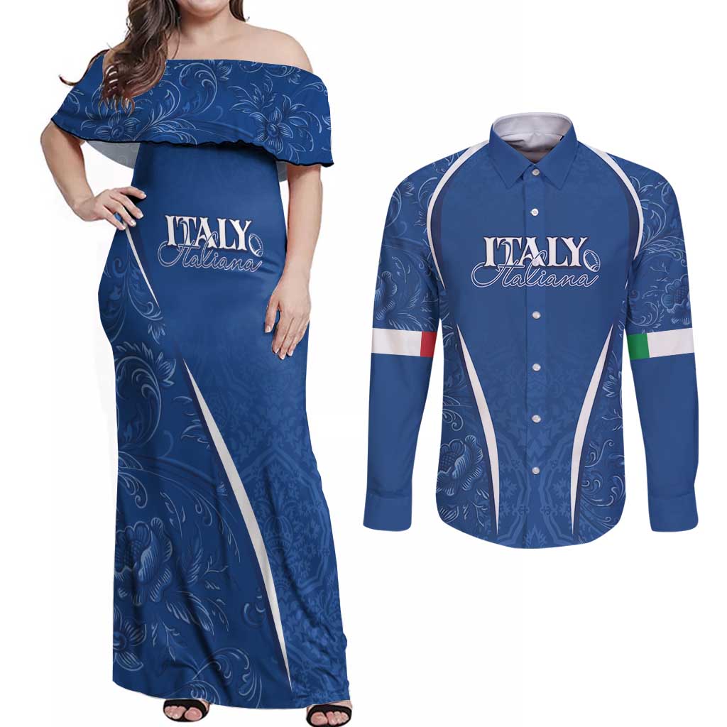 Italy Rugby Personalized Couples Matching Off Shoulder Maxi Dress and Long Sleeve Button Shirt Azzurro Savoia - Renaissance Inspired