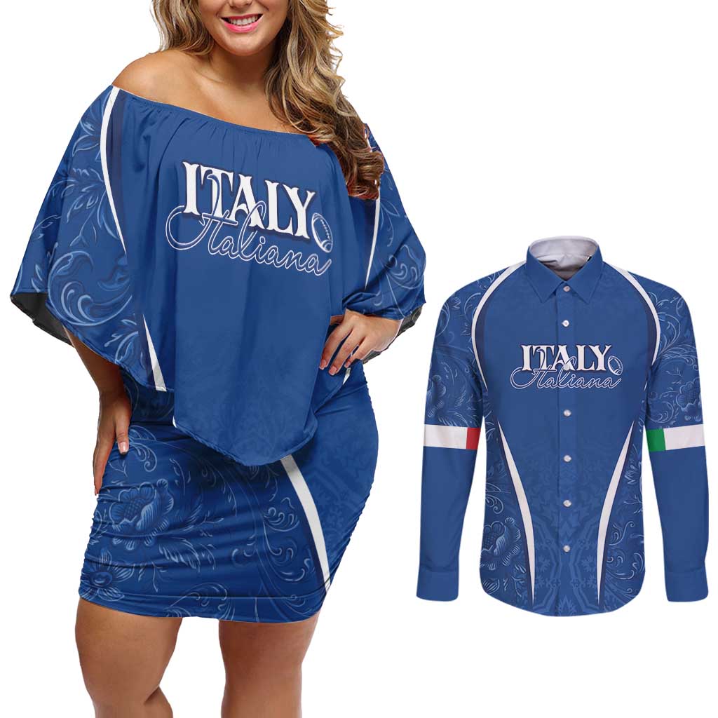 Italy Rugby Personalized Couples Matching Off Shoulder Short Dress and Long Sleeve Button Shirt Azzurro Savoia - Renaissance Inspired