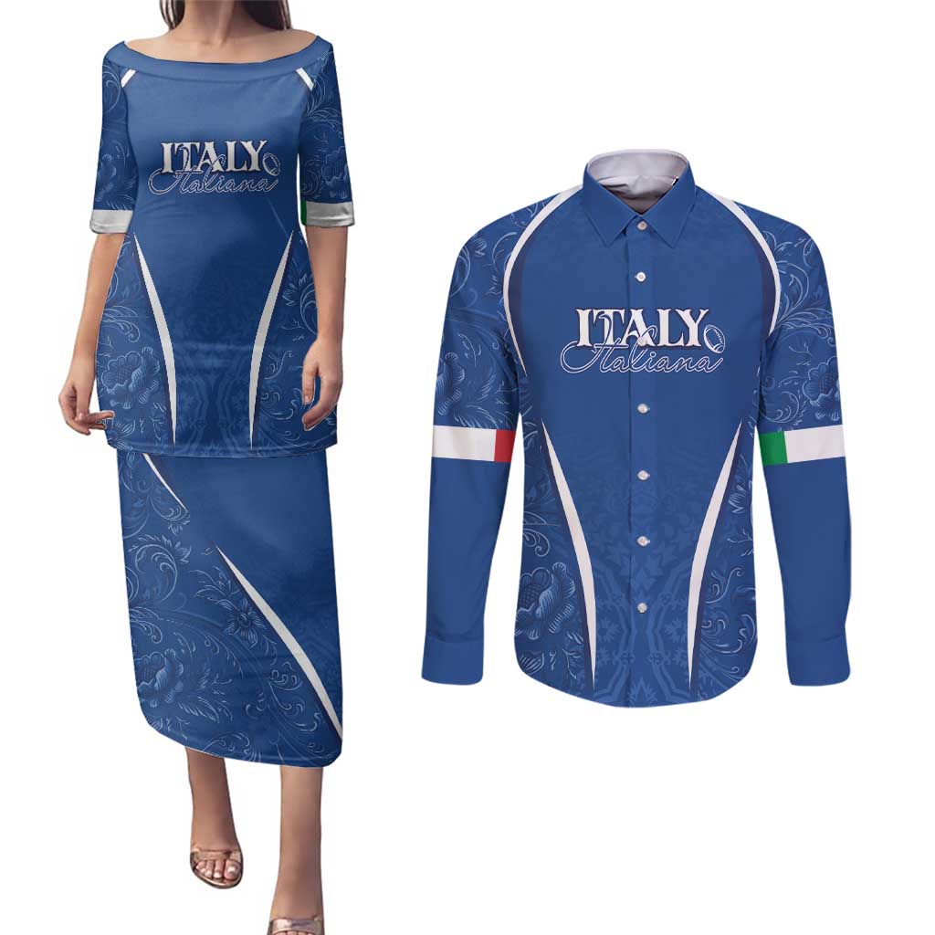 Italy Rugby Personalized Couples Matching Puletasi and Long Sleeve Button Shirt Azzurro Savoia - Renaissance Inspired