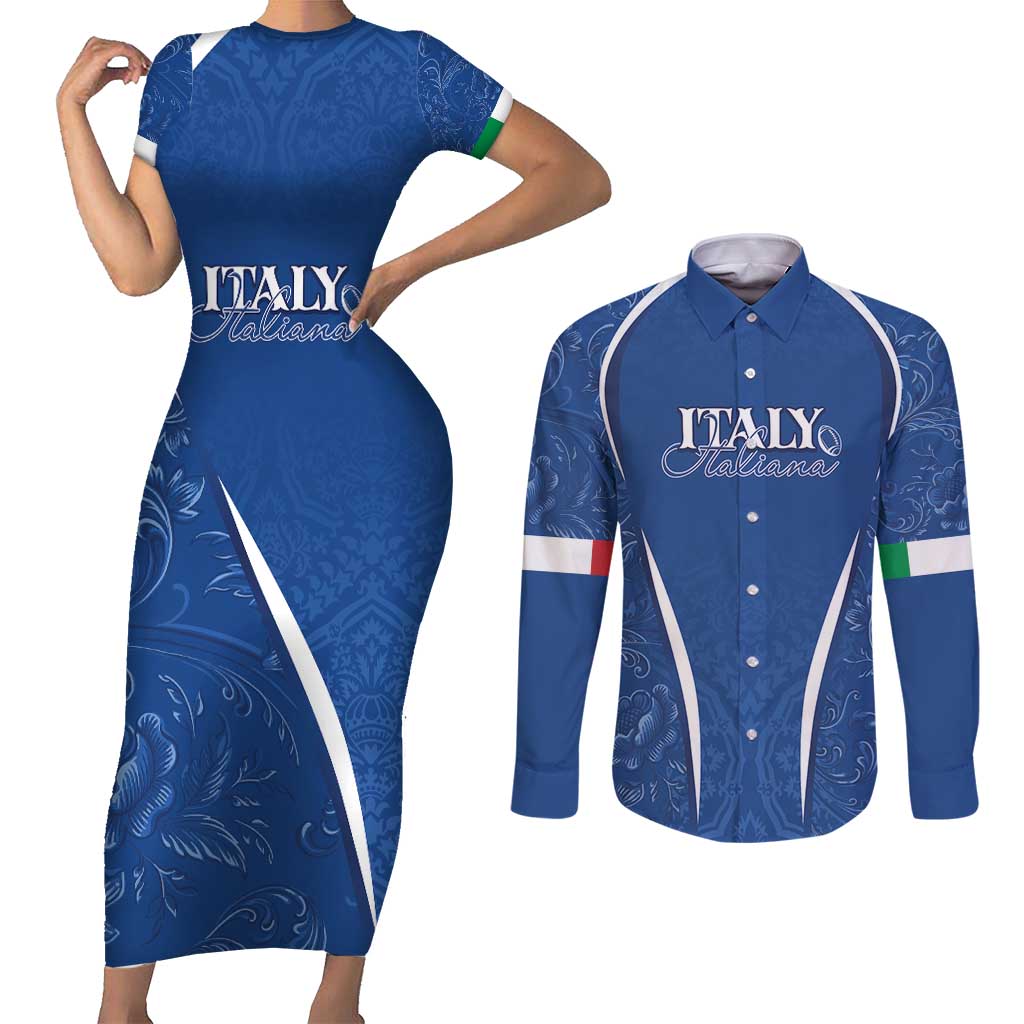 Italy Rugby Personalized Couples Matching Short Sleeve Bodycon Dress and Long Sleeve Button Shirt Azzurro Savoia - Renaissance Inspired