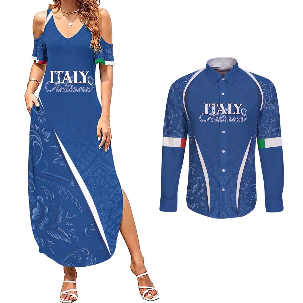 Italy Rugby Personalized Couples Matching Summer Maxi Dress and Long Sleeve Button Shirt Azzurro Savoia - Renaissance Inspired