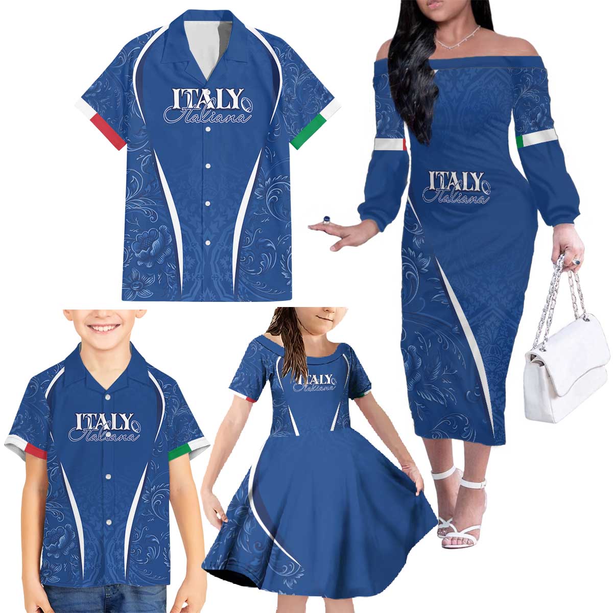 Italy Rugby Personalized Family Matching Off The Shoulder Long Sleeve Dress and Hawaiian Shirt Azzurro Savoia - Renaissance Inspired