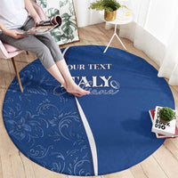 Round blue rug with swirl motif, white curved border stripe, and personalized “YOUR TEXT ITALY”