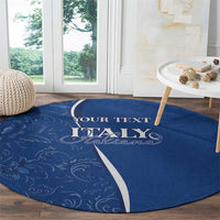 Personalized round blue rug with decorative swirls, white stripe, and “YOUR TEXT ITALY Italia”