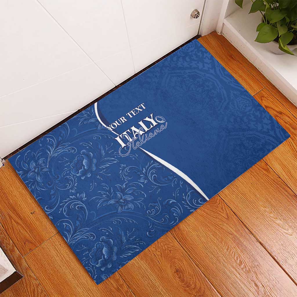Blue rubber doormat with floral scroll pattern and ITALY logo-style personalized text