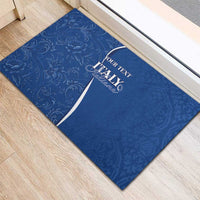 Blue rubber doormat with floral scroll design and ITALY personalized text in center