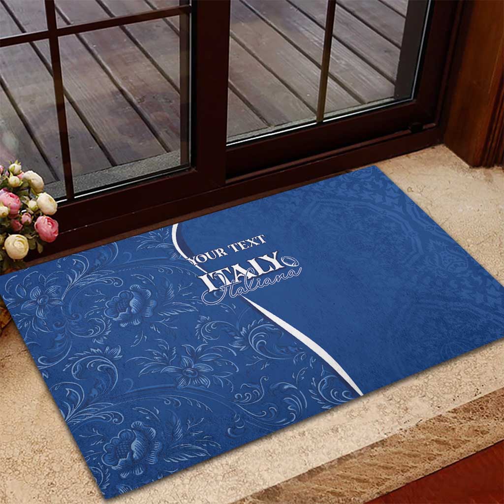Blue rubber doormat with floral scroll design and ITALY personalized text, front entry