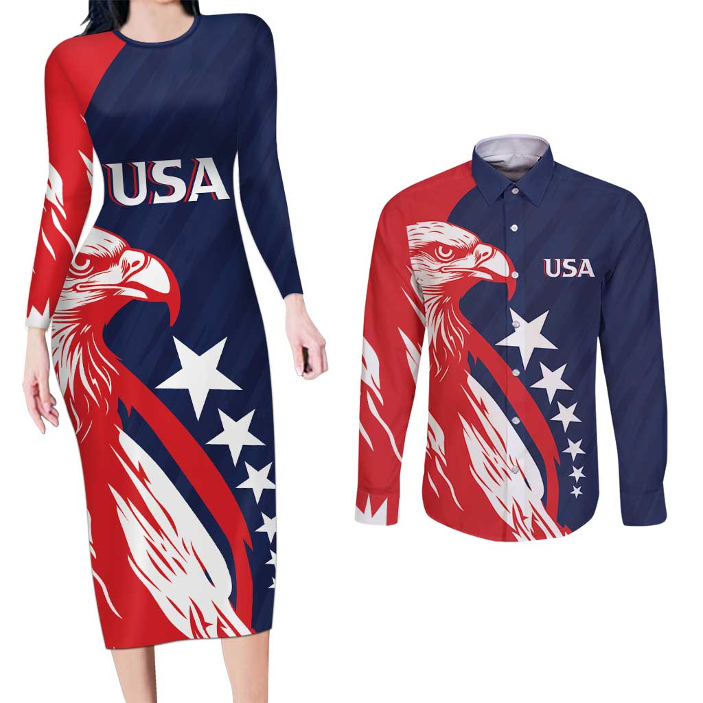 USA Hockey Personalized Eagle Couples Matching Long Sleeve Bodycon Dress and Long Sleeve Button Shirt Shoot For The Stars