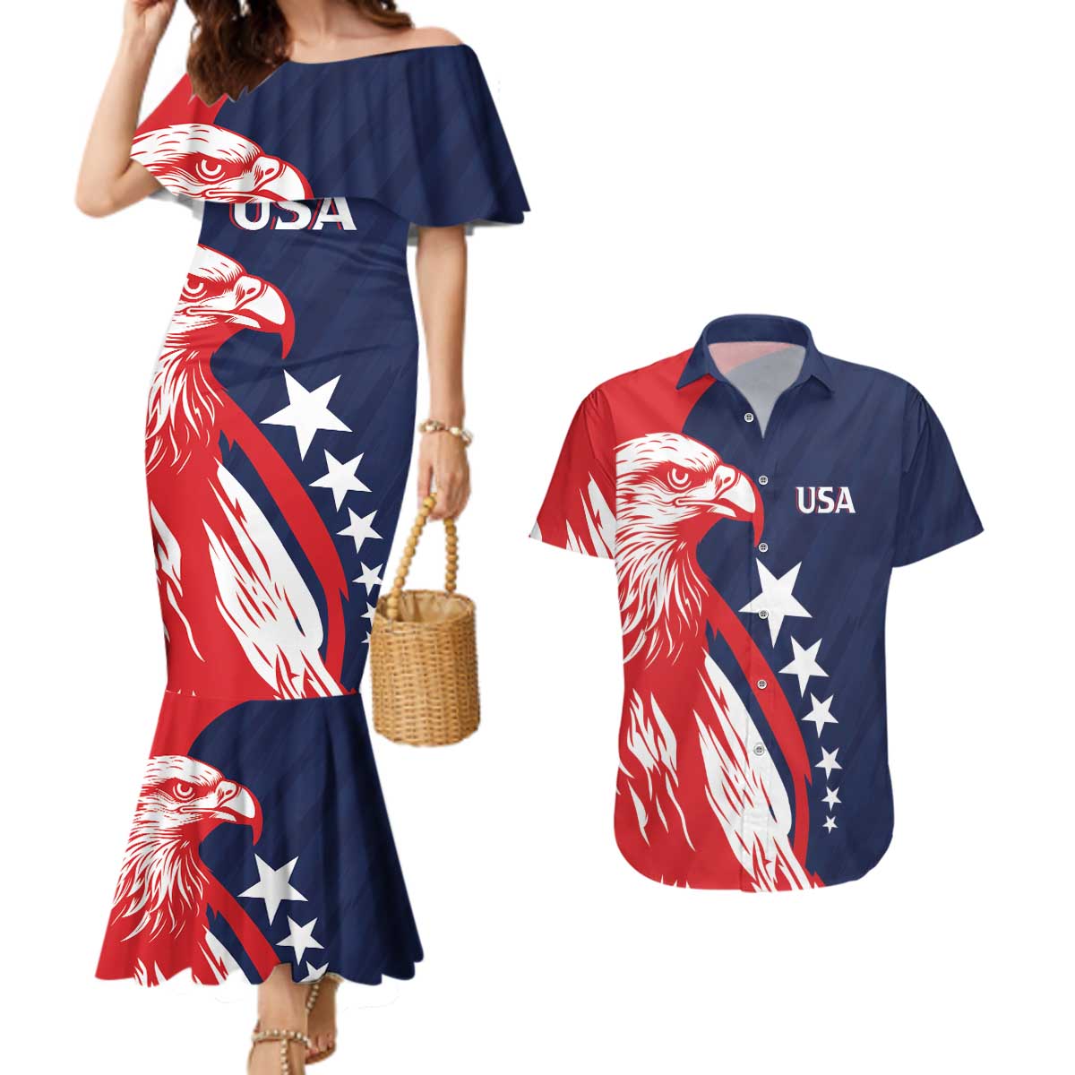 USA Hockey Personalized Eagle Couples Matching Mermaid Dress and Hawaiian Shirt Shoot For The Stars