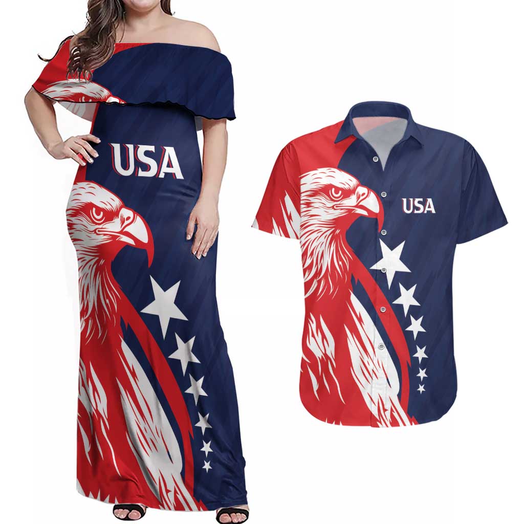 USA Hockey Personalized Eagle Couples Matching Off Shoulder Maxi Dress and Hawaiian Shirt Shoot For The Stars