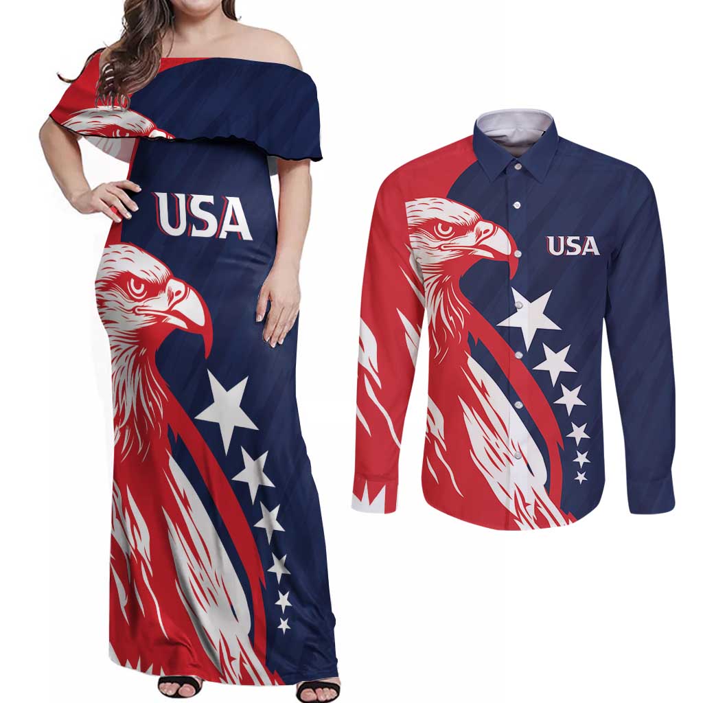 USA Hockey Personalized Eagle Couples Matching Off Shoulder Maxi Dress and Long Sleeve Button Shirt Shoot For The Stars