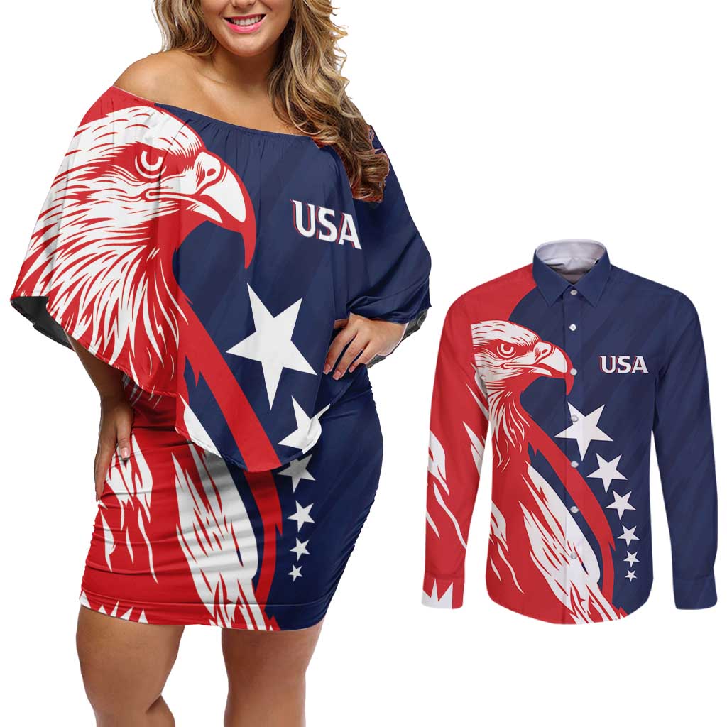 USA Hockey Personalized Eagle Couples Matching Off Shoulder Short Dress and Long Sleeve Button Shirt Shoot For The Stars