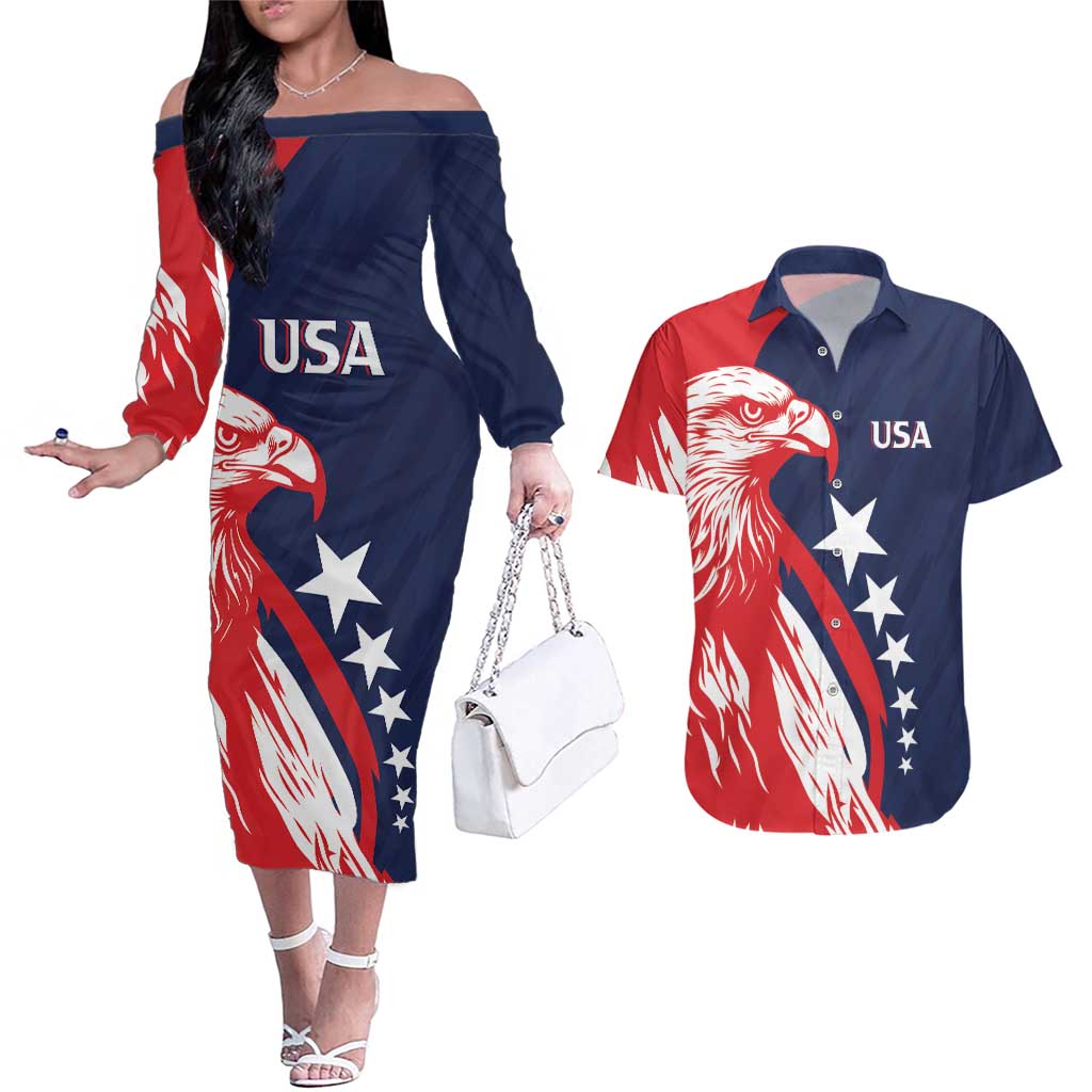 USA Hockey Personalized Eagle Couples Matching Off The Shoulder Long Sleeve Dress and Hawaiian Shirt Shoot For The Stars