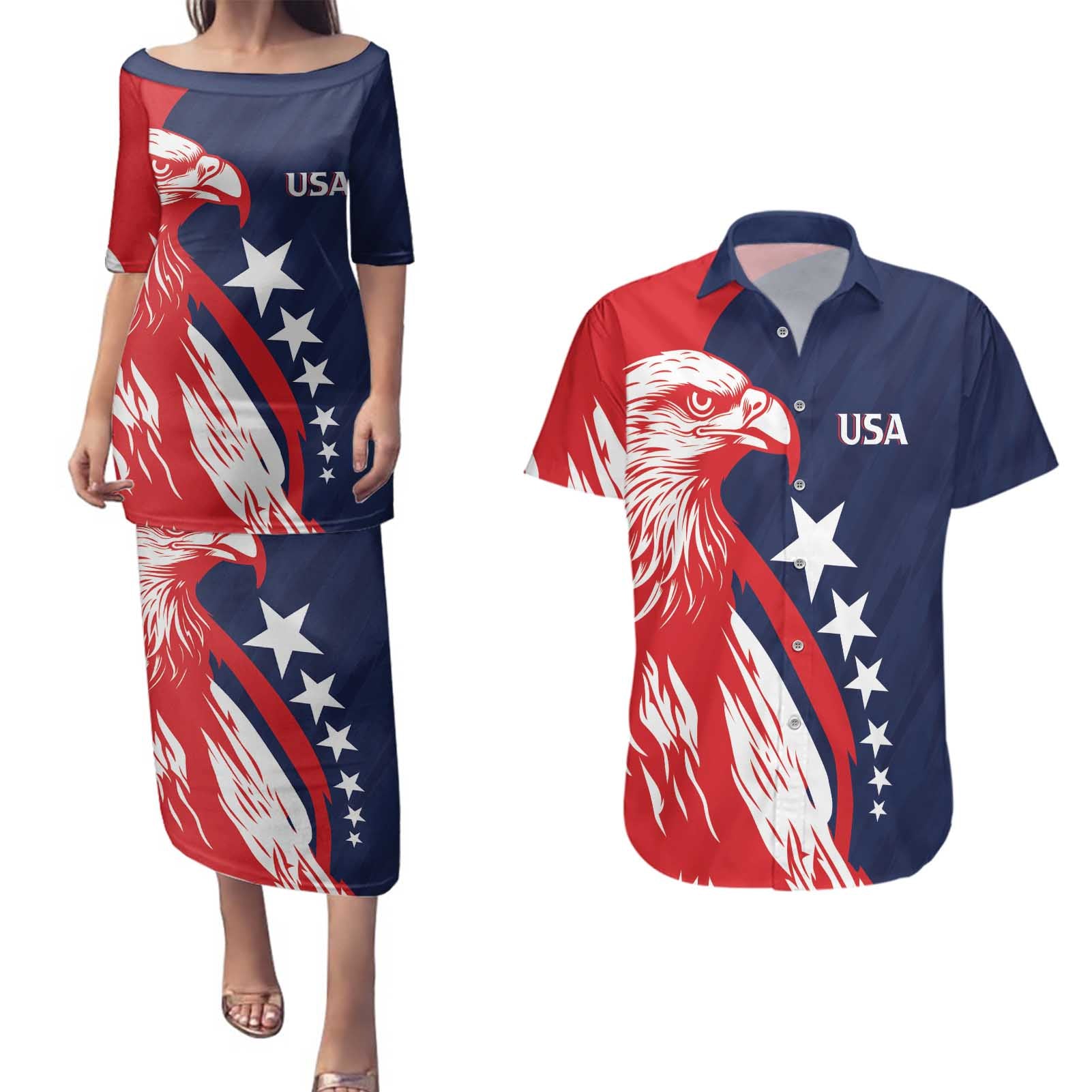 USA Hockey Personalized Eagle Couples Matching Puletasi and Hawaiian Shirt Shoot For The Stars