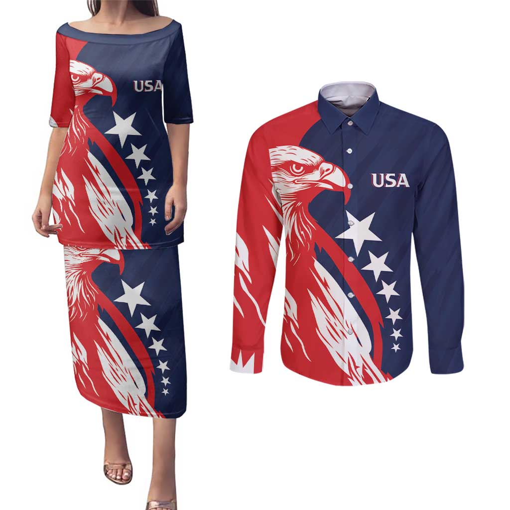 USA Hockey Personalized Eagle Couples Matching Puletasi and Long Sleeve Button Shirt Shoot For The Stars