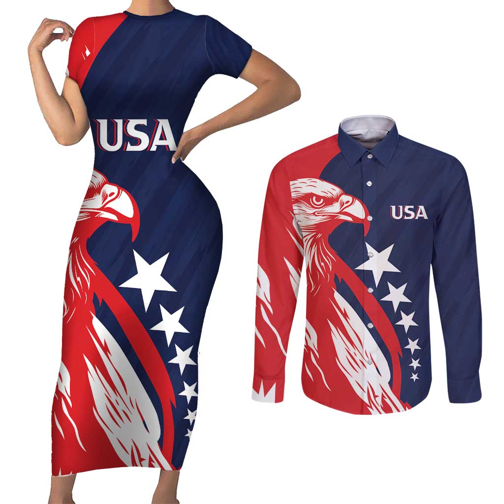 USA Hockey Personalized Eagle Couples Matching Short Sleeve Bodycon Dress and Long Sleeve Button Shirt Shoot For The Stars