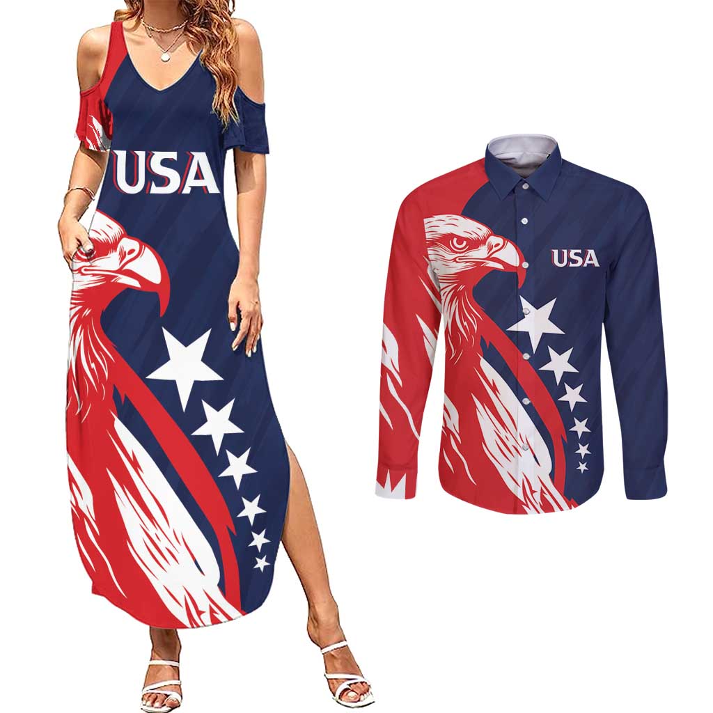 USA Hockey Personalized Eagle Couples Matching Summer Maxi Dress and Long Sleeve Button Shirt Shoot For The Stars