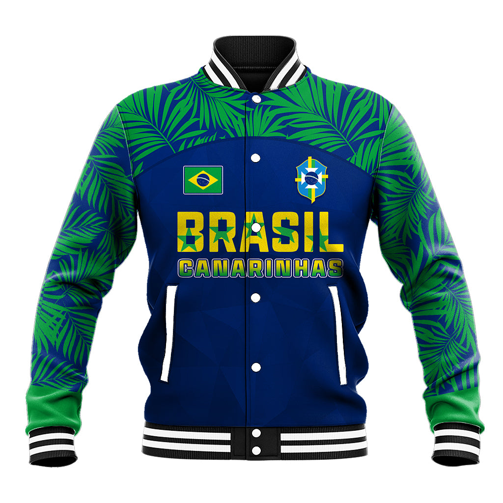 Blue baseball jacket with green palm print, front patches, BRASIL CANARINHAS graphic