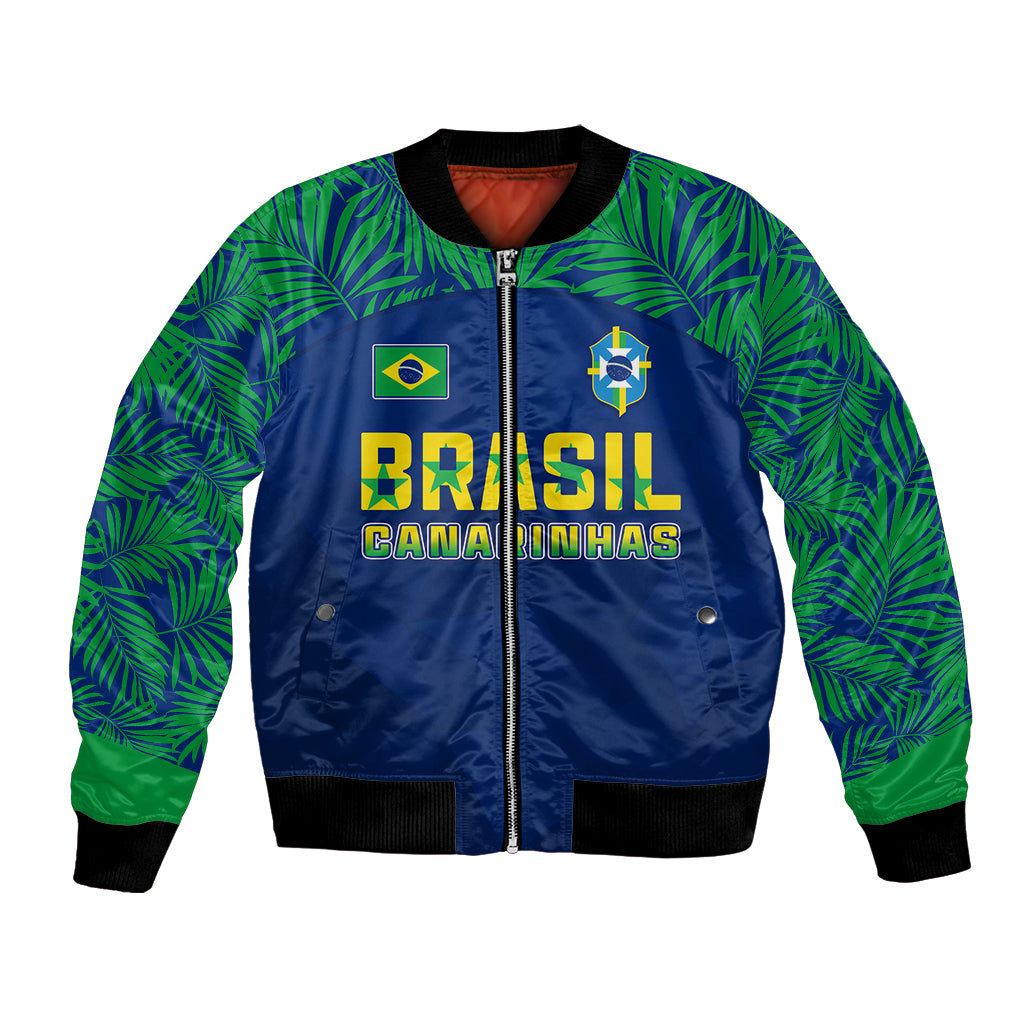 Brazil football bomber jacket, blue with green palm sleeves, front zip, Brasil graphic