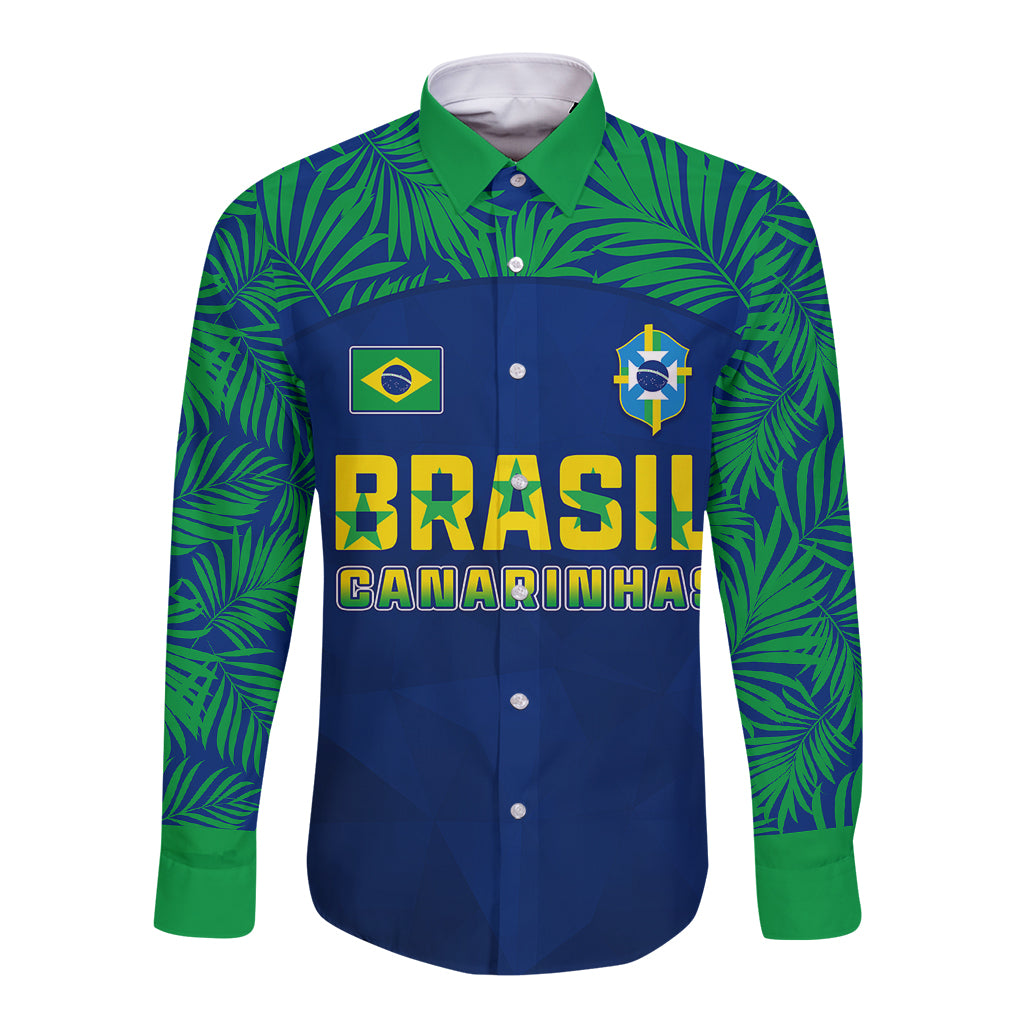 Brazil long sleeve button shirt in blue with green tropical leaf trim, collar and cuffs.