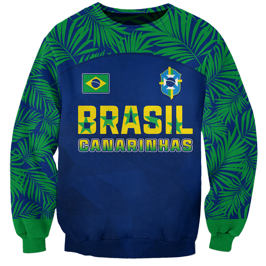 Blue Brazil football sweatshirt with green palm leaf print and BRASIL CANARINHAS front