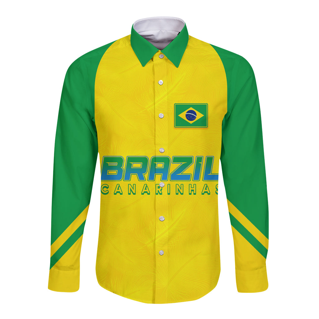 Brazil football long-sleeve button shirt, yellow and green front with Brazil Canarinhas print