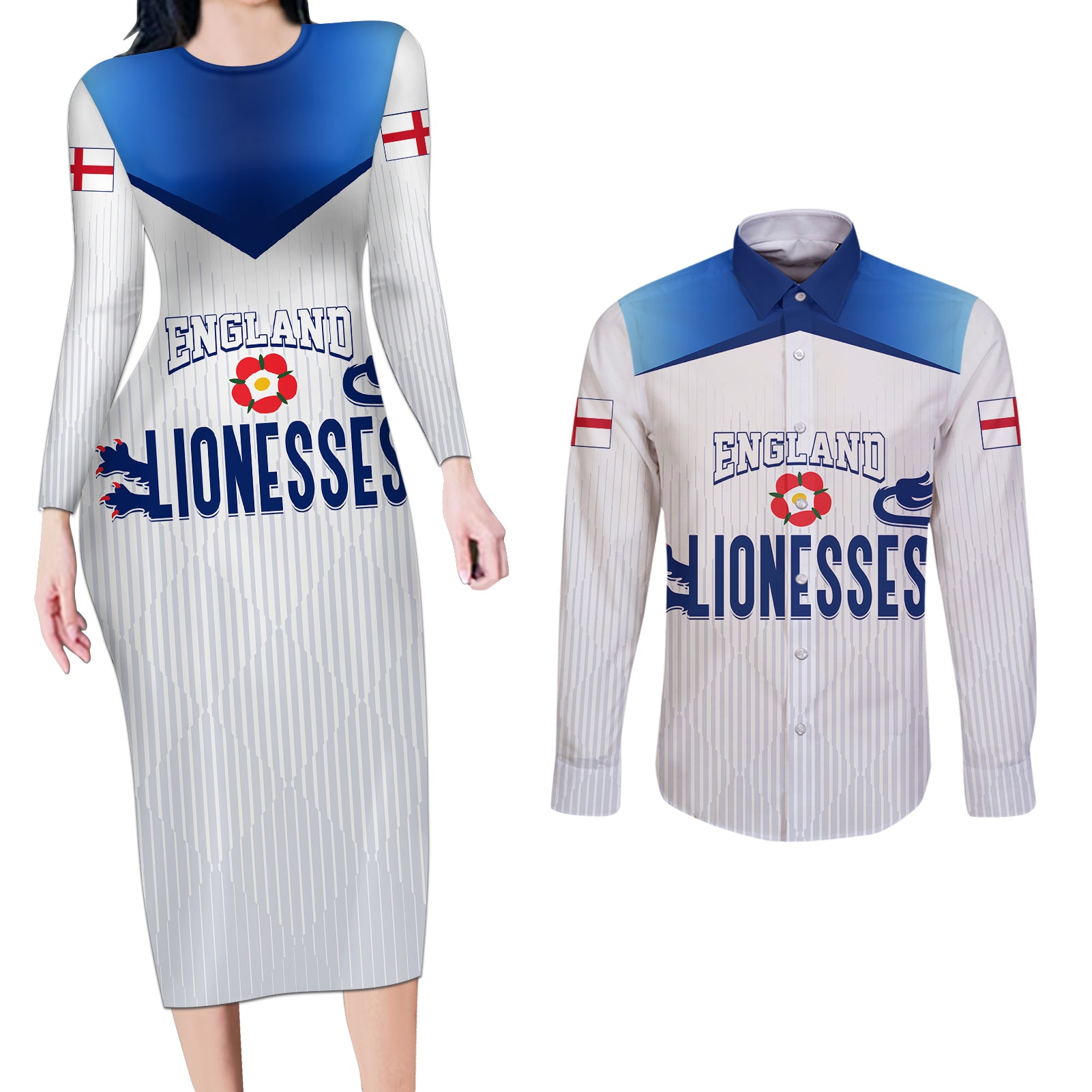 Personalised England Football Couples Matching Long Sleeve Bodycon Dress and Long Sleeve Button Shirts The Lionesses Women World Cup 2023 LT7 - Wonder Print Shop