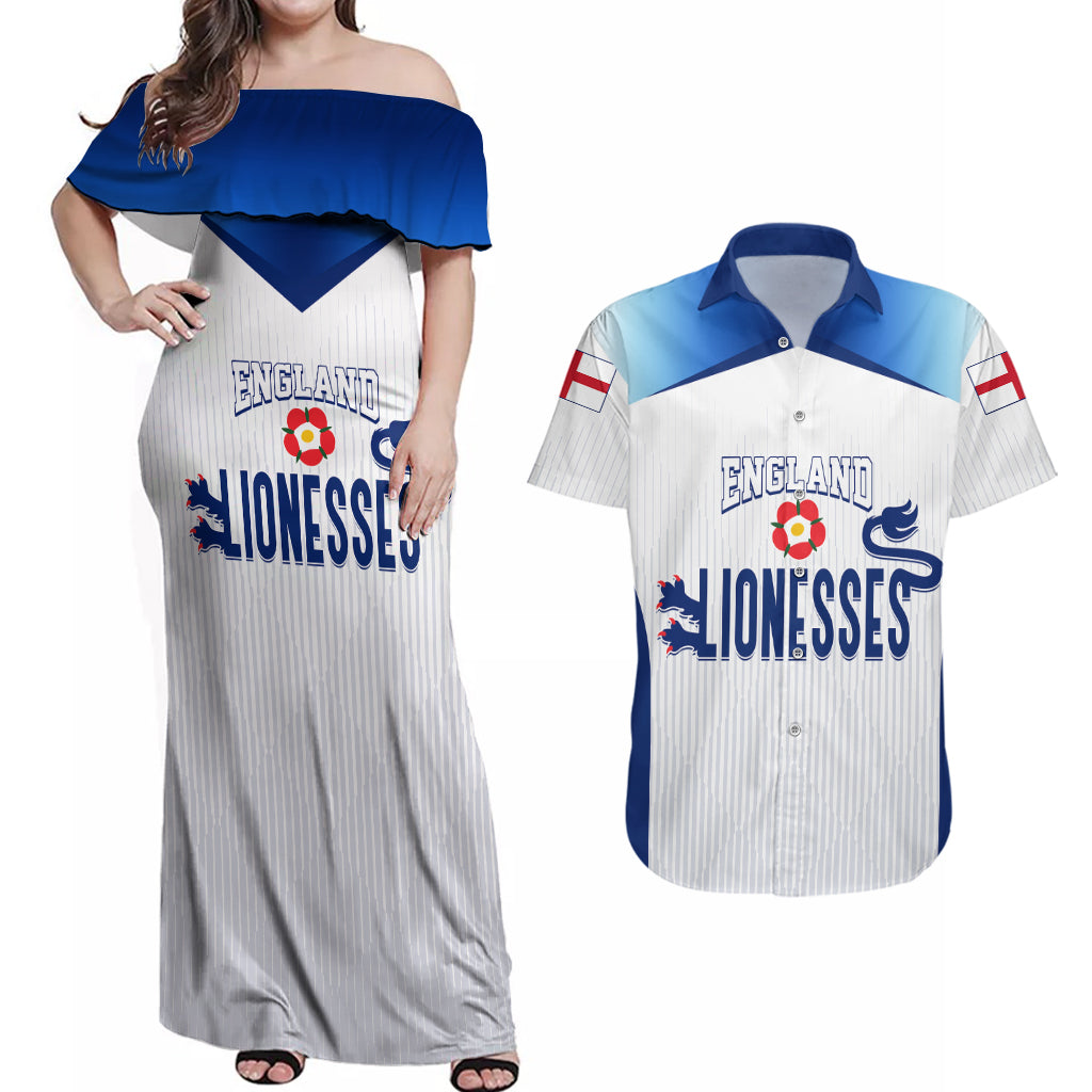 Personalised England Football Couples Matching Off Shoulder Maxi Dress and Hawaiian Shirt The Lionesses Women World Cup 2023 LT7 - Wonder Print Shop