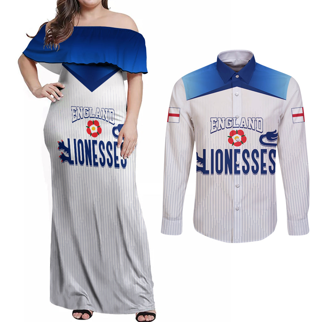 Personalised England Football Couples Matching Off Shoulder Maxi Dress and Long Sleeve Button Shirts The Lionesses Women World Cup 2023 LT7 - Wonder Print Shop