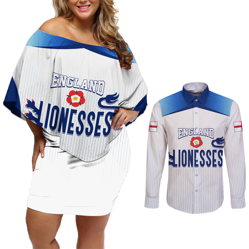 Personalised England Football Couples Matching Off Shoulder Short Dress and Long Sleeve Button Shirts The Lionesses Women World Cup 2023 LT7 - Wonder Print Shop