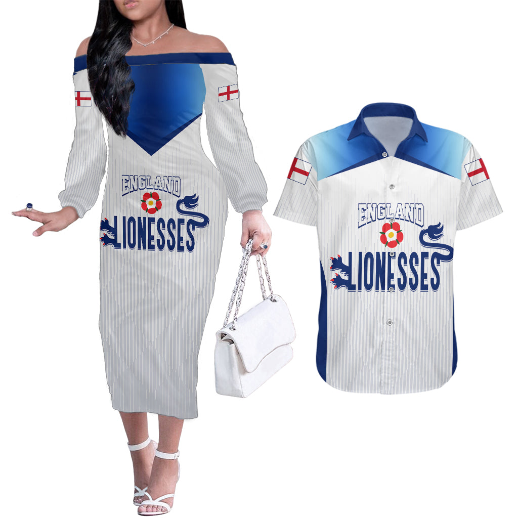 Personalised England Football Couples Matching Off The Shoulder Long Sleeve Dress and Hawaiian Shirt The Lionesses Women World Cup 2023 LT7 - Wonder Print Shop