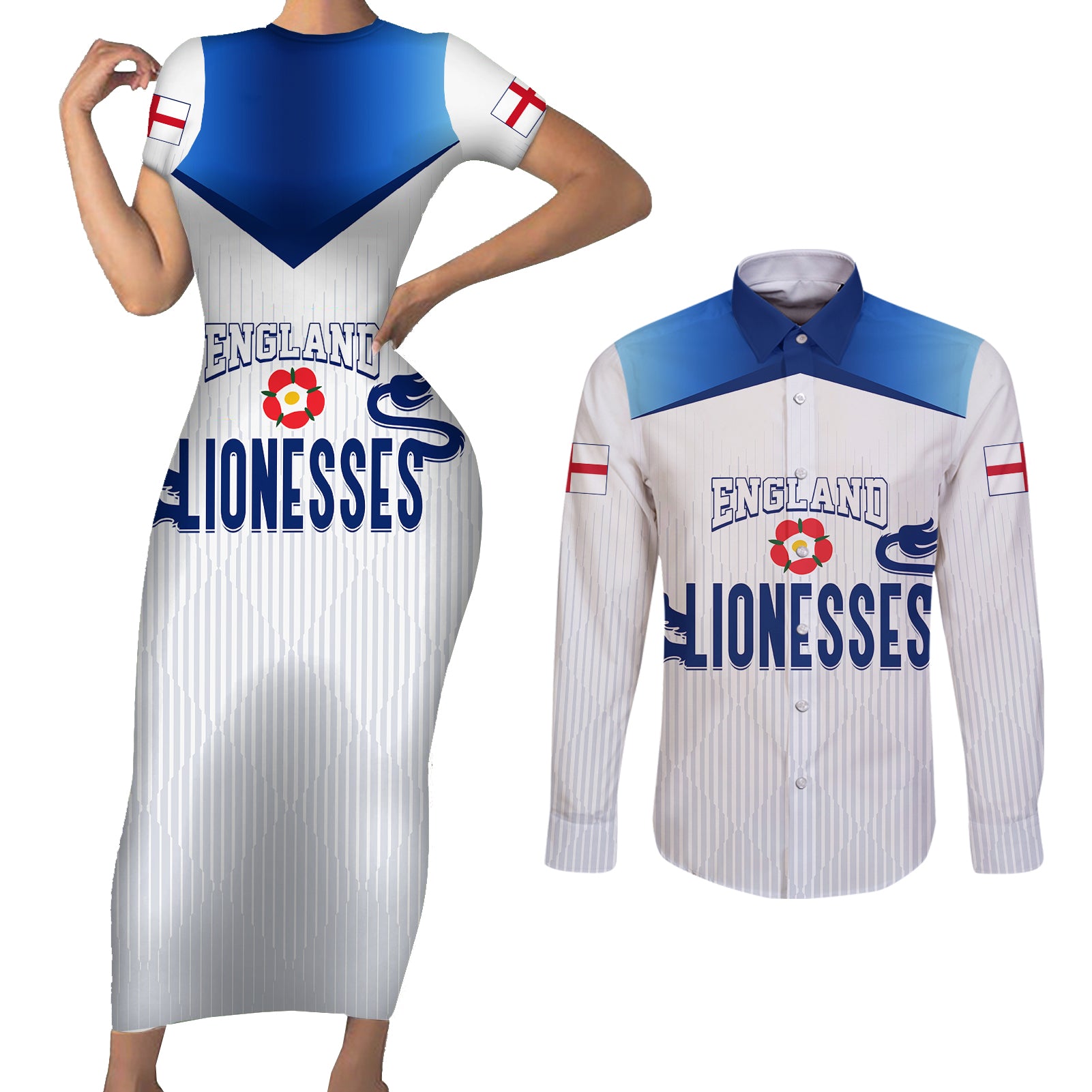 Personalised England Football Couples Matching Short Sleeve Bodycon Dress and Long Sleeve Button Shirts The Lionesses Women World Cup 2023 LT7 - Wonder Print Shop