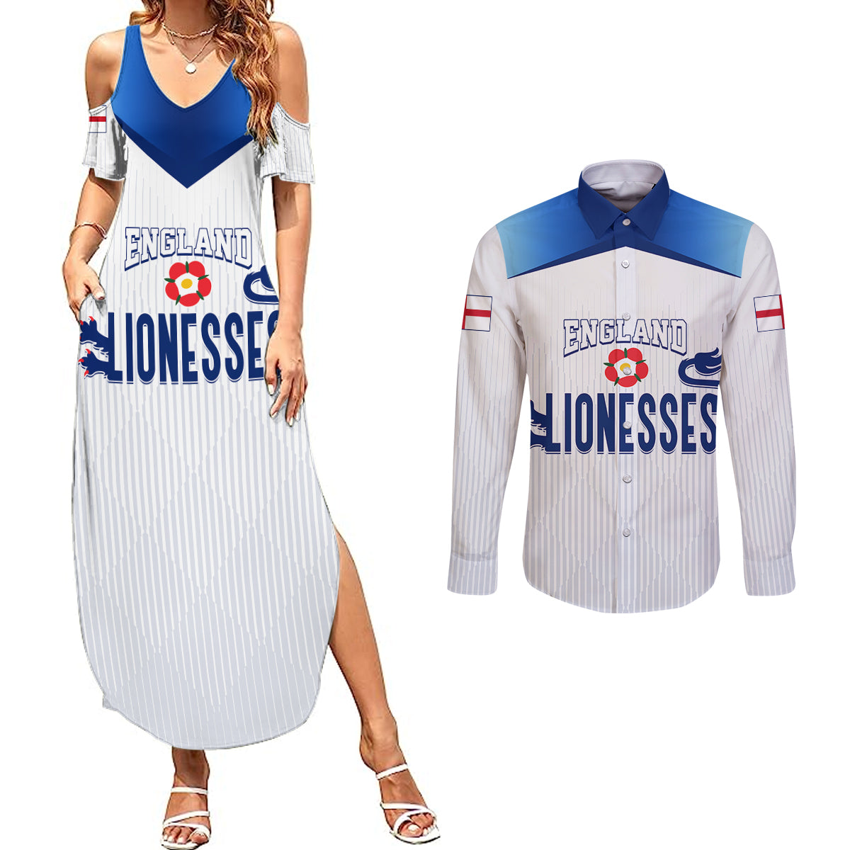 Personalised England Football Couples Matching Summer Maxi Dress and Long Sleeve Button Shirts The Lionesses Women World Cup 2023 LT7 - Wonder Print Shop