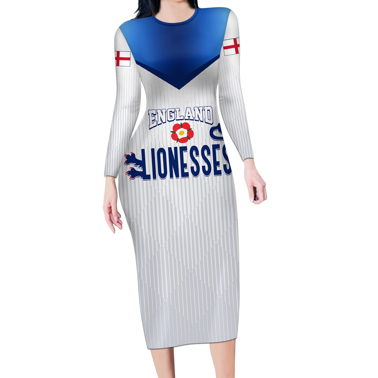 Personalised England Football Long Sleeve Bodycon Dress The Lionesses Women World Cup 2023 - Wonder Print Shop