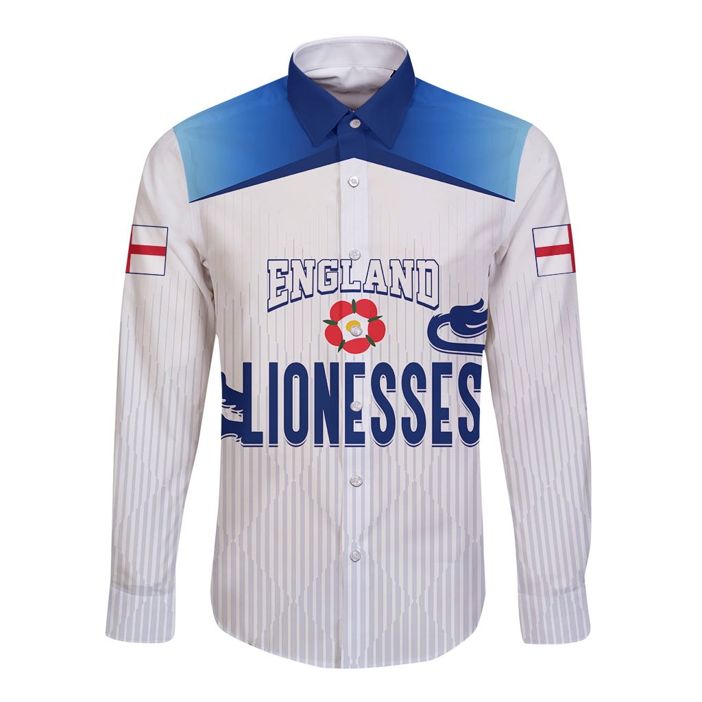 Blue and white striped long sleeve football button shirt with England Lionesses front crest