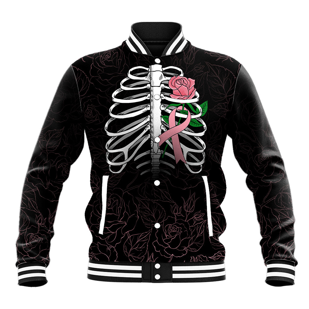 Black baseball jacket with pink rose skull front graphic and white striped ribbed collar