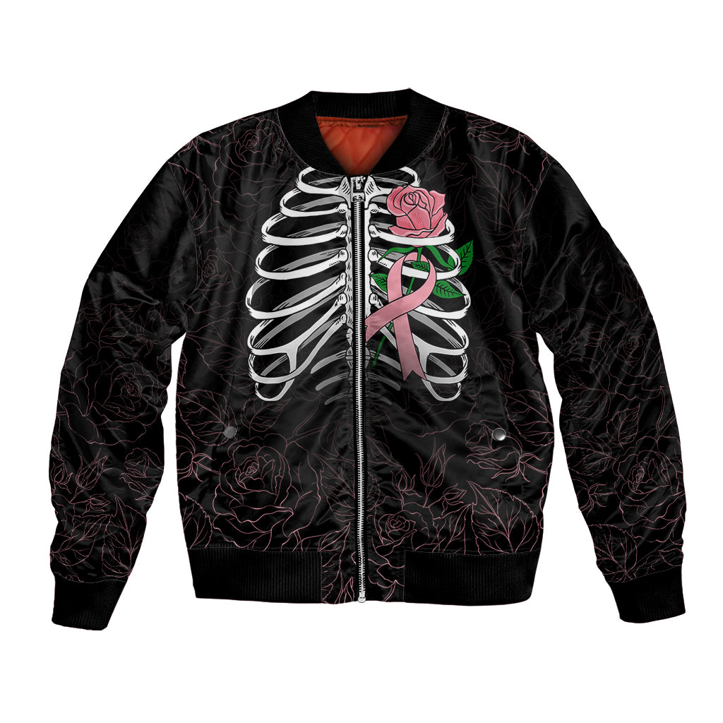 Black bomber jacket with front zipper; skull and roses graphic with pink ribbon
