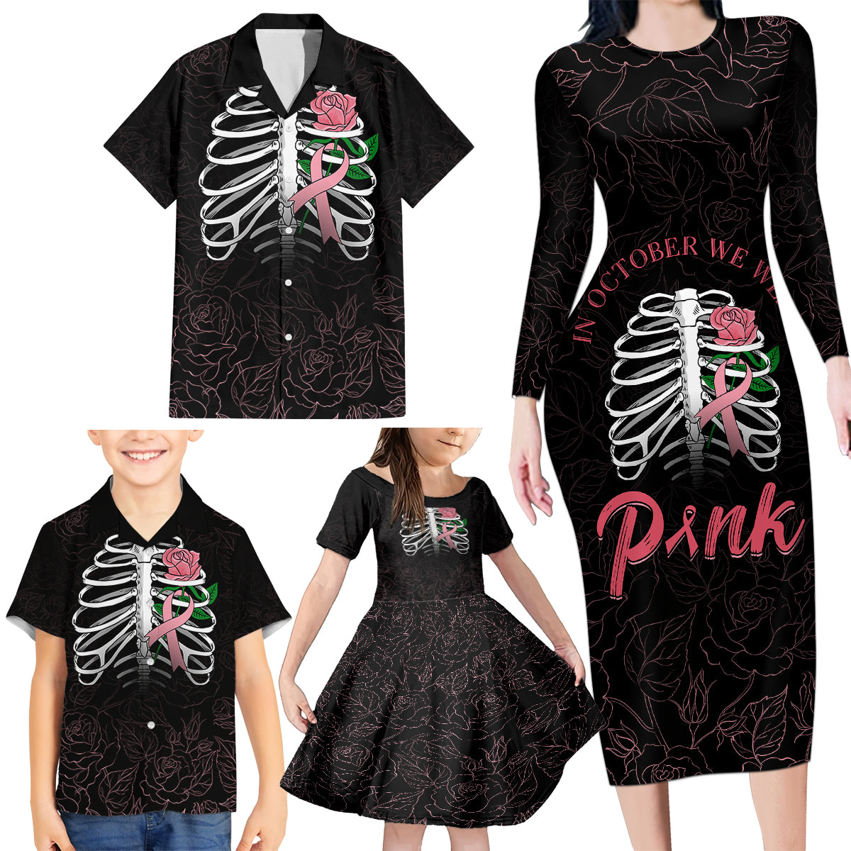 In October We Wear Pink Breast Cancer Awareness Family Matching Long Sleeve Bodycon Dress and Hawaiian Shirt Skull and Roses - Black LT7 - Wonder Print Shop