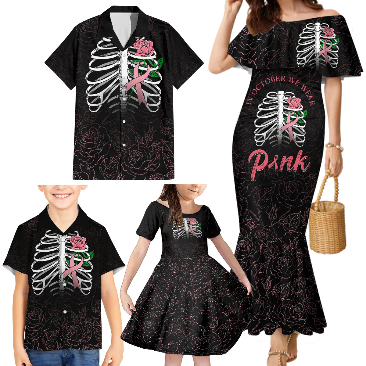 In October We Wear Pink Breast Cancer Awareness Family Matching Mermaid Dress and Hawaiian Shirt Skull and Roses - Black LT7 - Wonder Print Shop