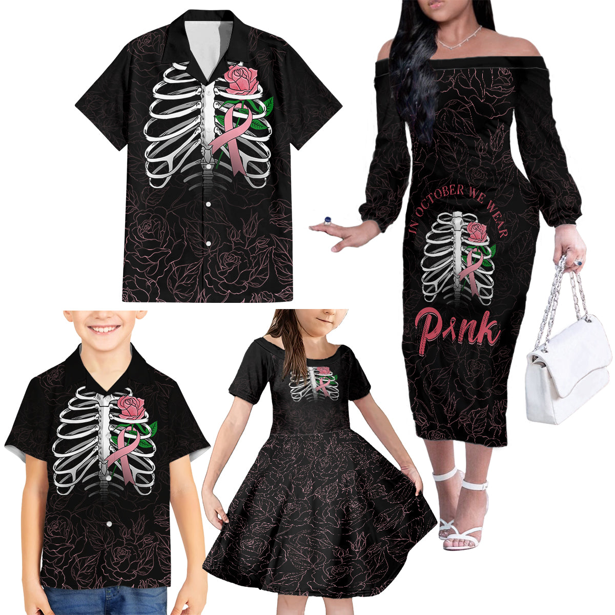 In October We Wear Pink Breast Cancer Awareness Family Matching Off Shoulder Long Sleeve Dress and Hawaiian Shirt Skull and Roses - Black - Wonder Print Shop