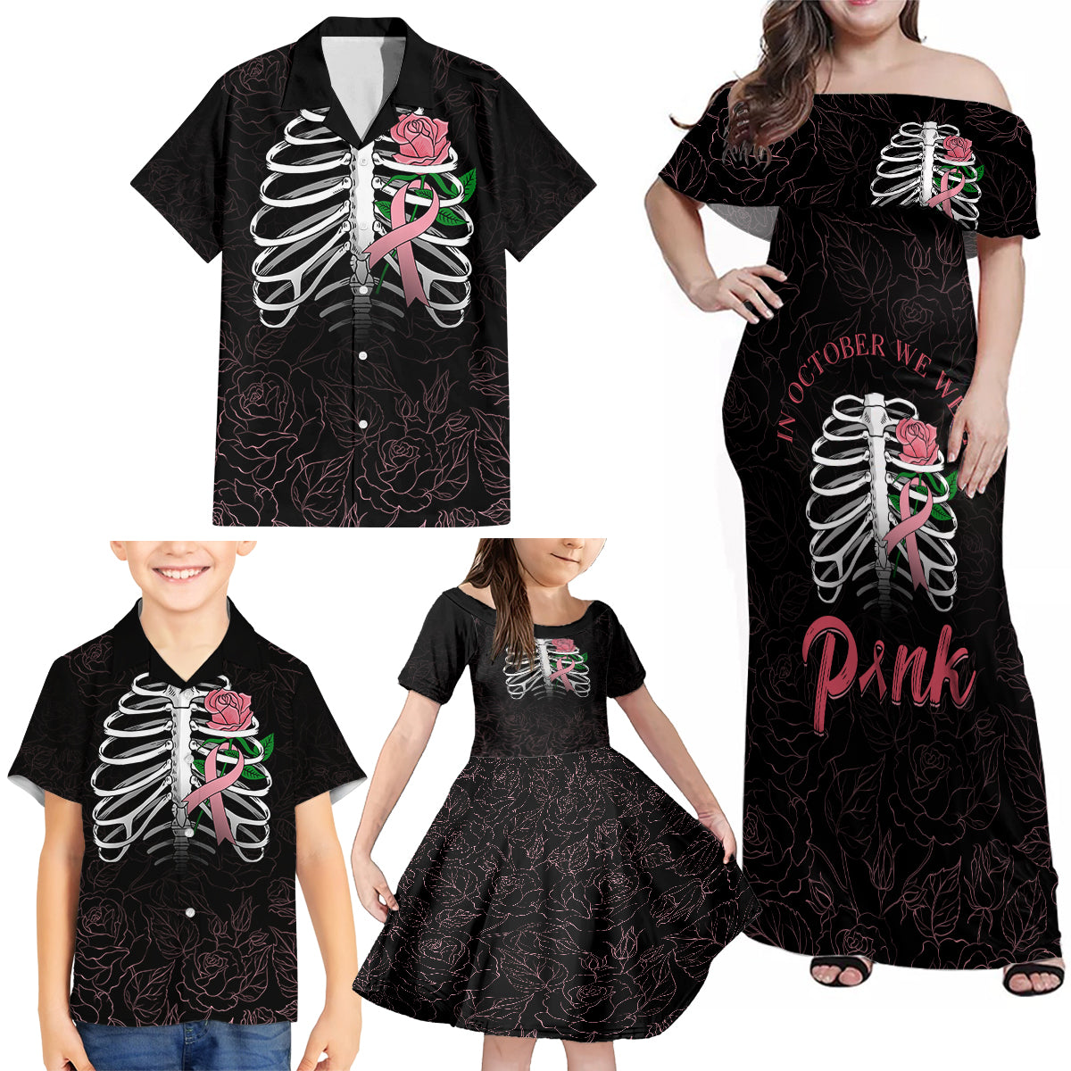 In October We Wear Pink Breast Cancer Awareness Family Matching Off Shoulder Maxi Dress and Hawaiian Shirt Skull and Roses - Black LT7 - Wonder Print Shop