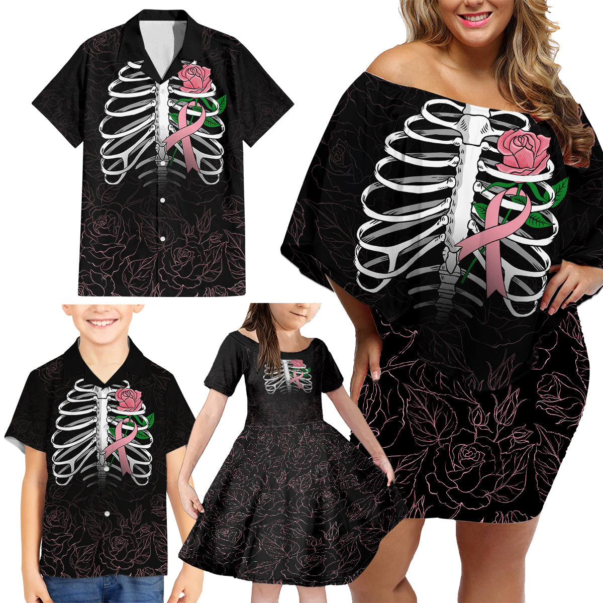 In October We Wear Pink Breast Cancer Awareness Family Matching Off Shoulder Short Dress and Hawaiian Shirt Skull and Roses - Black LT7 - Wonder Print Shop