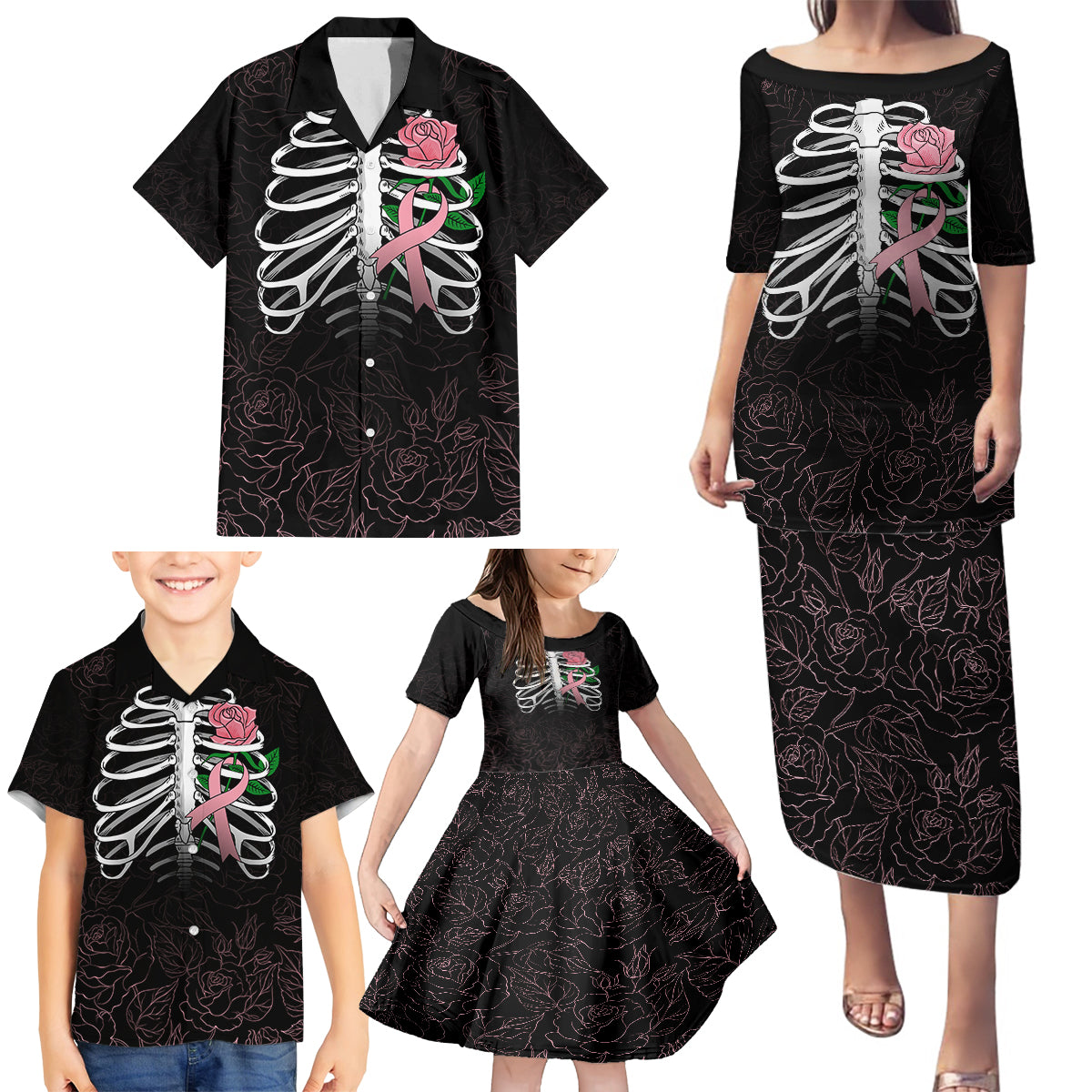 In October We Wear Pink Breast Cancer Awareness Family Matching Puletasi Dress and Hawaiian Shirt Skull and Roses - Black - Wonder Print Shop