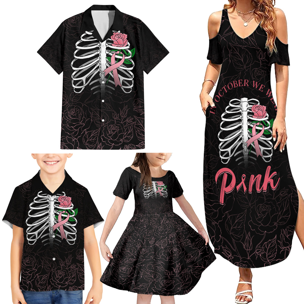 In October We Wear Pink Breast Cancer Awareness Family Matching Summer Maxi Dress and Hawaiian Shirt Skull and Roses - Black - Wonder Print Shop