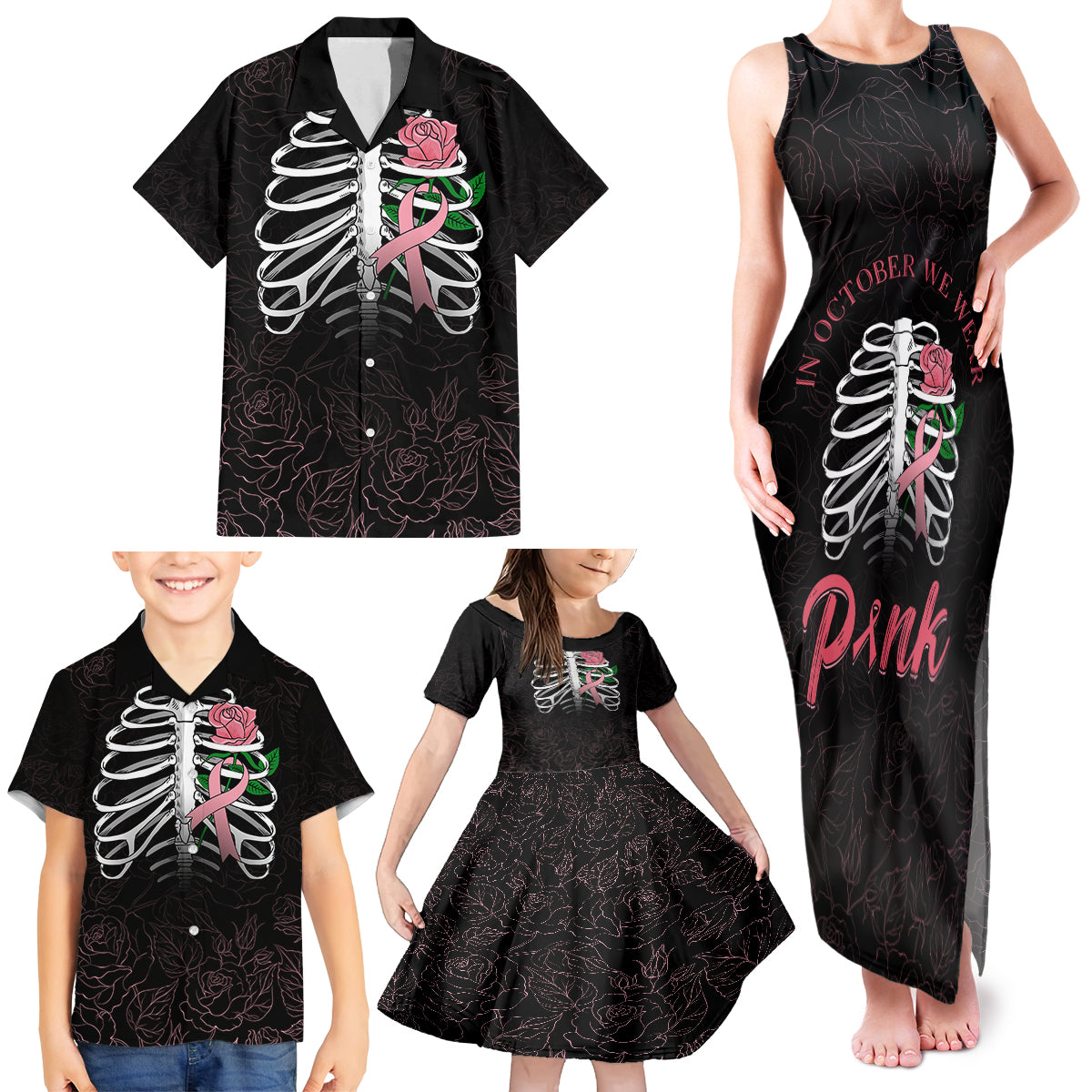 In October We Wear Pink Breast Cancer Awareness Family Matching Tank Maxi Dress and Hawaiian Shirt Skull and Roses - Black - Wonder Print Shop