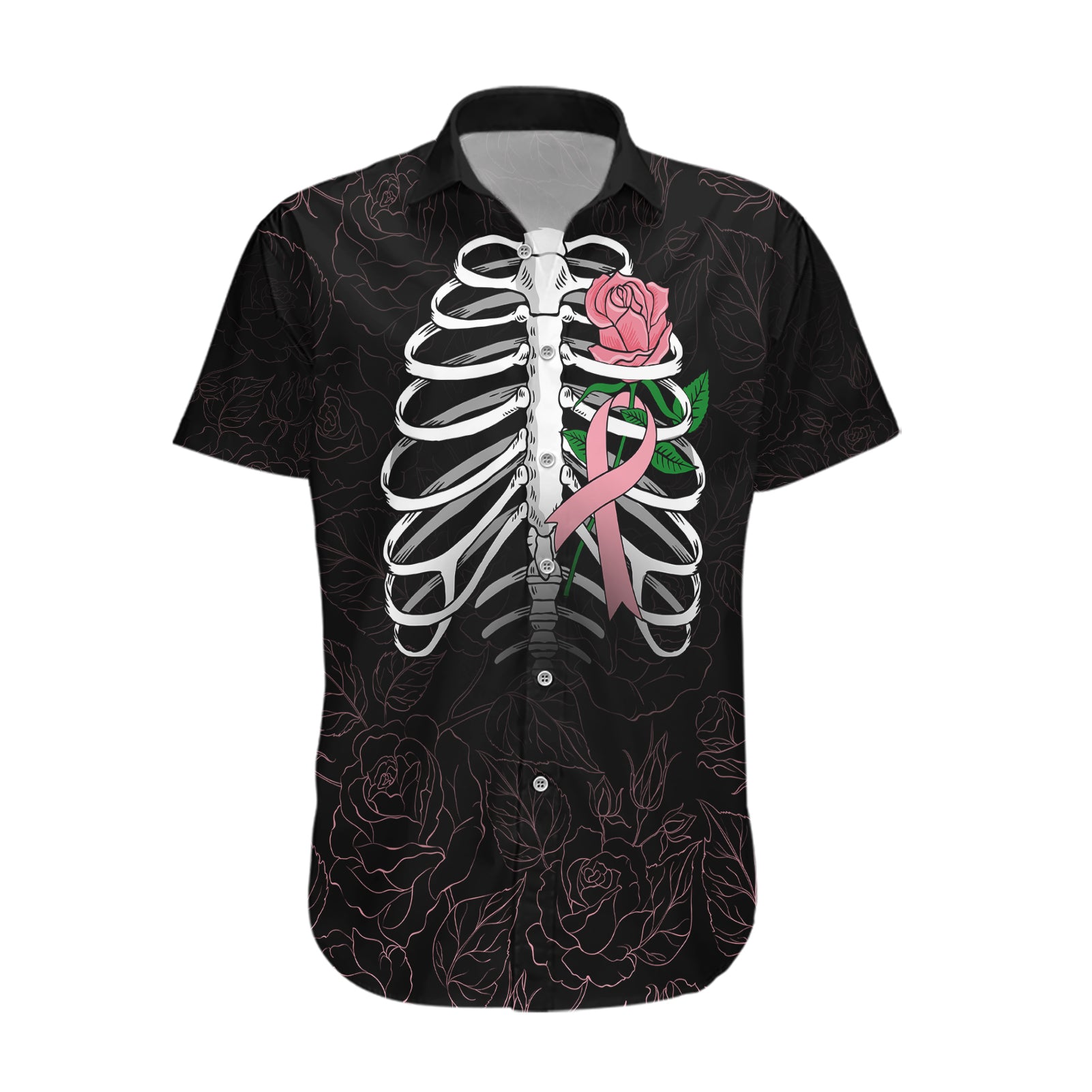 In October We Wear Pink Breast Cancer Awareness Hawaiian Shirt Skull and Roses - Black - Wonder Print Shop