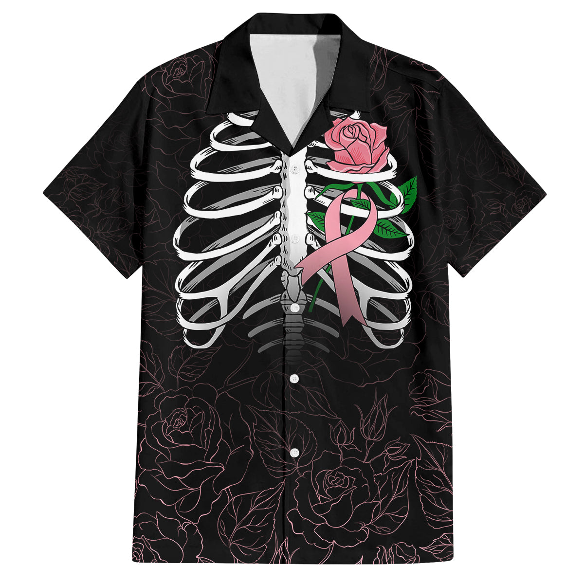 In October We Wear Pink Breast Cancer Awareness Kid Hawaiian Shirt Skull and Roses - Black - Wonder Print Shop