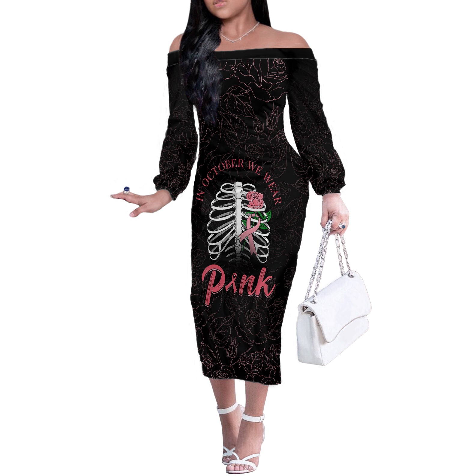 in-october-we-wear-pink-breast-cancer-awareness-off-the-shoulder-long-sleeve-dress-skull-and-roses-black