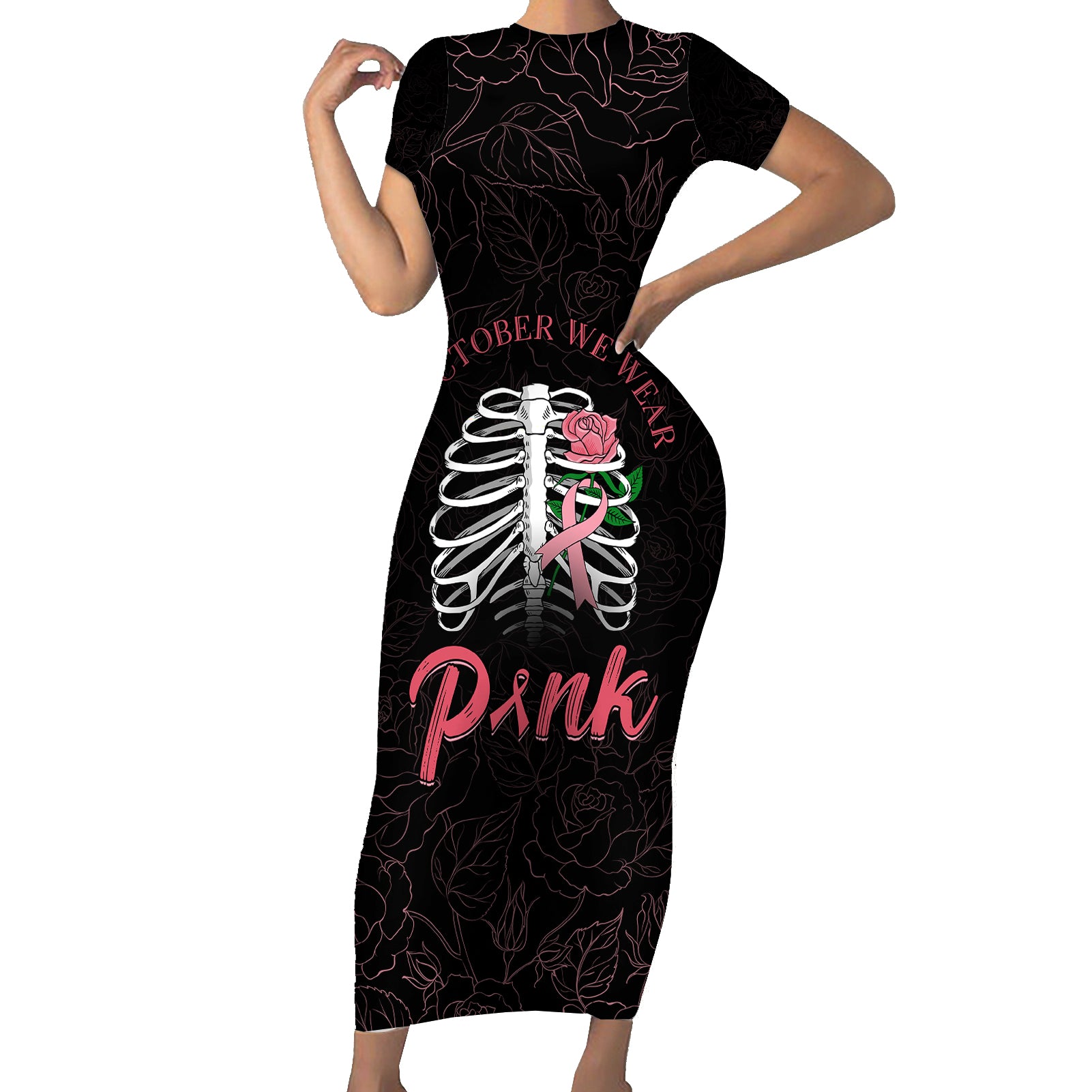 in-october-we-wear-pink-breast-cancer-awareness-short-sleeve-bodycon-dress-skull-and-roses-black